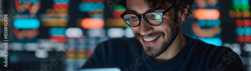 A man with a beard and glasses smiles as he looks at a phone screen The background is a blurry image of colorful lights of stock graph