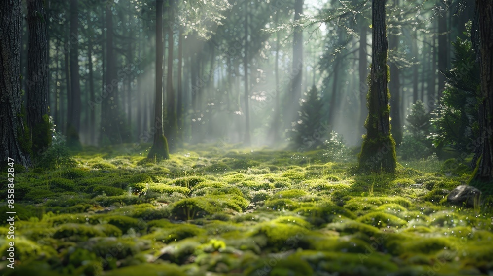 Daylight in Enchanted Pine Forest with Moss and Grass Daylight in Enchanted Pine Forest with Moss and Grass