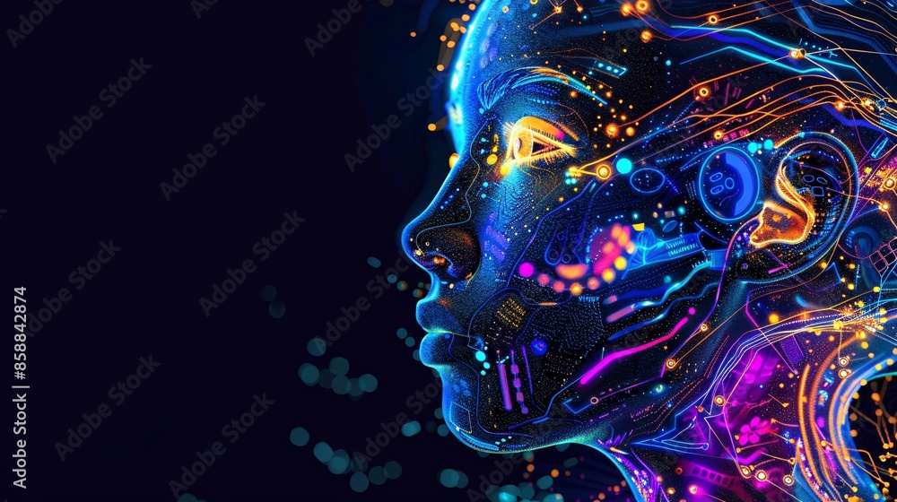 A side view of a humanoid head with blue and yellow eyes is shown, surrounded by a vibrant neon neural network. This image symbolizes futuristic technology and artificial intelligence advancements.