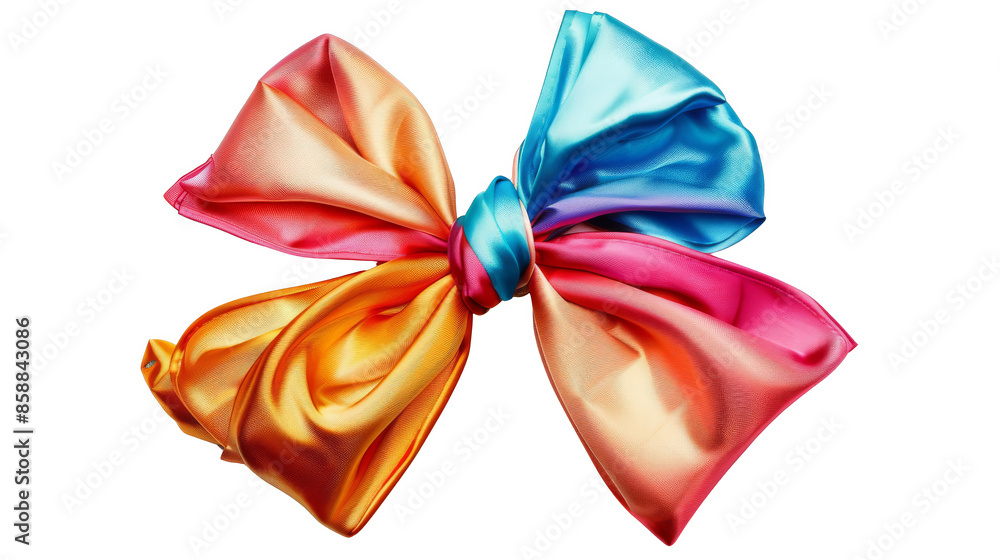 Colorful silk bow with elegant knots. Bright gradient hues of blue, pink, and orange. Perfect for gift decorations and fashion accessories. Colorful silk bow with elegant knots. Bright gradient hues of blue, pink, and orange. Perfect for gift decorations and fashion accessories.
