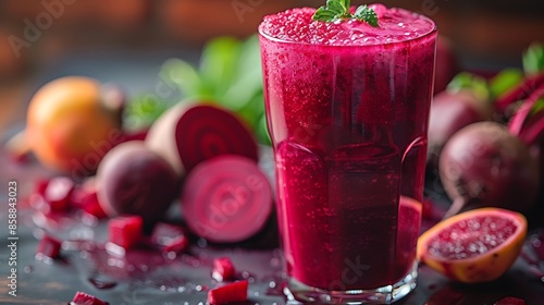 **A tall glass of vibrant beet juice, isolated on a solid beetroot red backdrop. photo