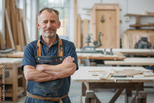 a man standing in a workshop with his arms crossed