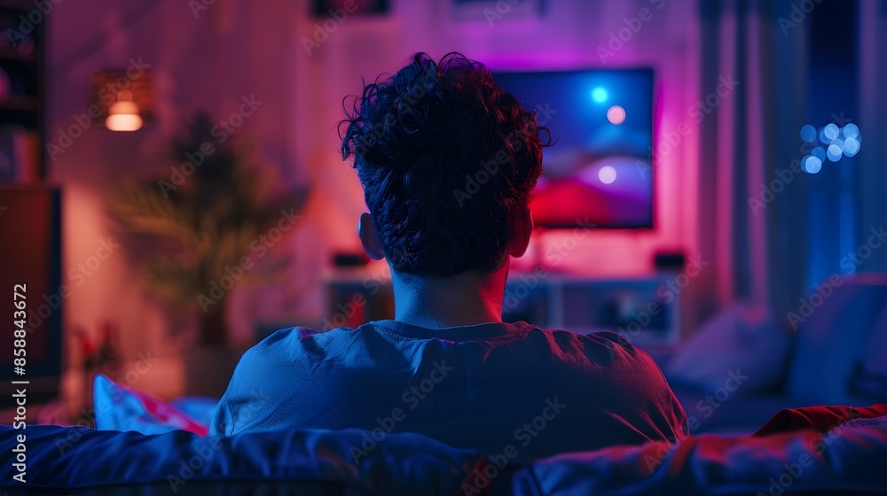 Young Man Relaxing on Couch with Digital Entertainment at Home in Moody Lighting Young Man Relaxing on Couch with Digital Entertainment at Home in Moody Lighting