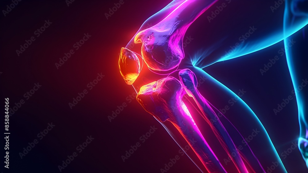 Detailed 3D Rendering of Glowing Neon Knee Joint Anatomy Detailed 3D Rendering of Glowing Neon Knee Joint Anatomy