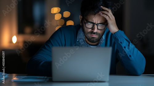 Man Struggles With Late Night Work on Laptop