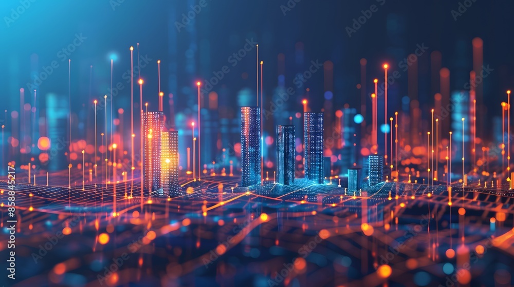 Obraz premium The concept of smart city infrastructure is visualized with abstract dots connecting gradient lines, illustrating intricate wave designs and big data connection technologies.