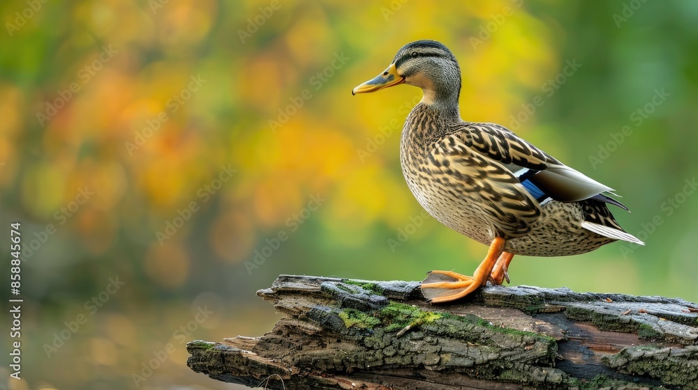 Fototapeta premium Female mallard duck on one leg on log side view blurred background