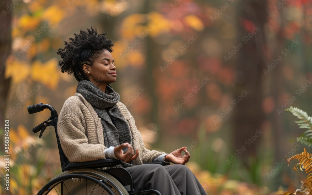 A black woman in a wheelchair sits in a forest, surrounded by colorful autumn leaves, practicing mindfulness with her eyes closed A black woman in a wheelchair sits in a forest, surrounded by colorful autumn leaves, practicing mindfulness with her eyes closed