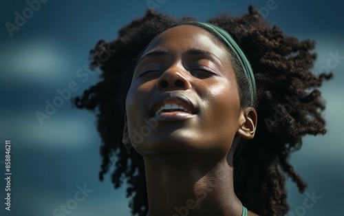 A close-up photograph of an African woman breathing deeply with her eyes closed. She is wearing a headband and her dark hair is styled in a curly afro © imagineRbc