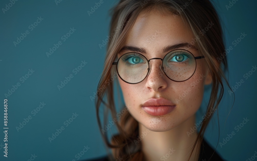 Fototapeta premium A close-up portrait of a young businesswoman wearing glasses against a blue background