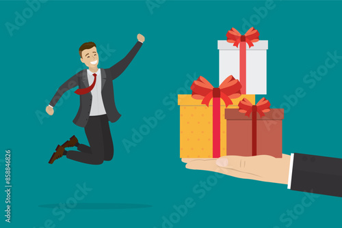 Presents for colleague. Boss of awards bonuses of best employee. Motivation, giving gifts to worker man. Happy manager receives bonus. Hand of leader holding gift boxes.
