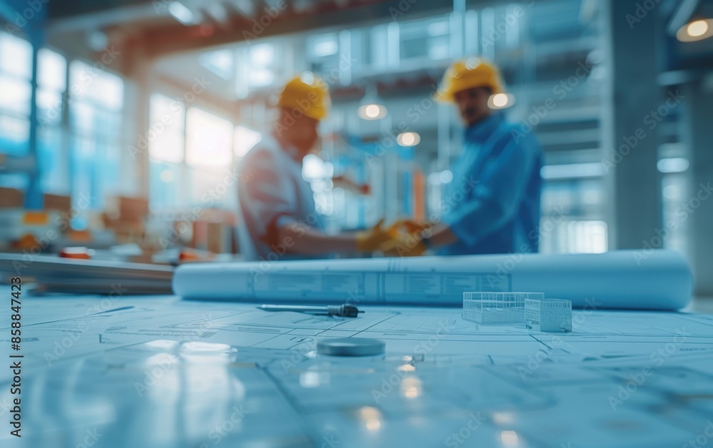 Close-up of blueprint with compass and model, out of focus engineers in the background Close-up of blueprint with compass and model, out of focus engineers in the background