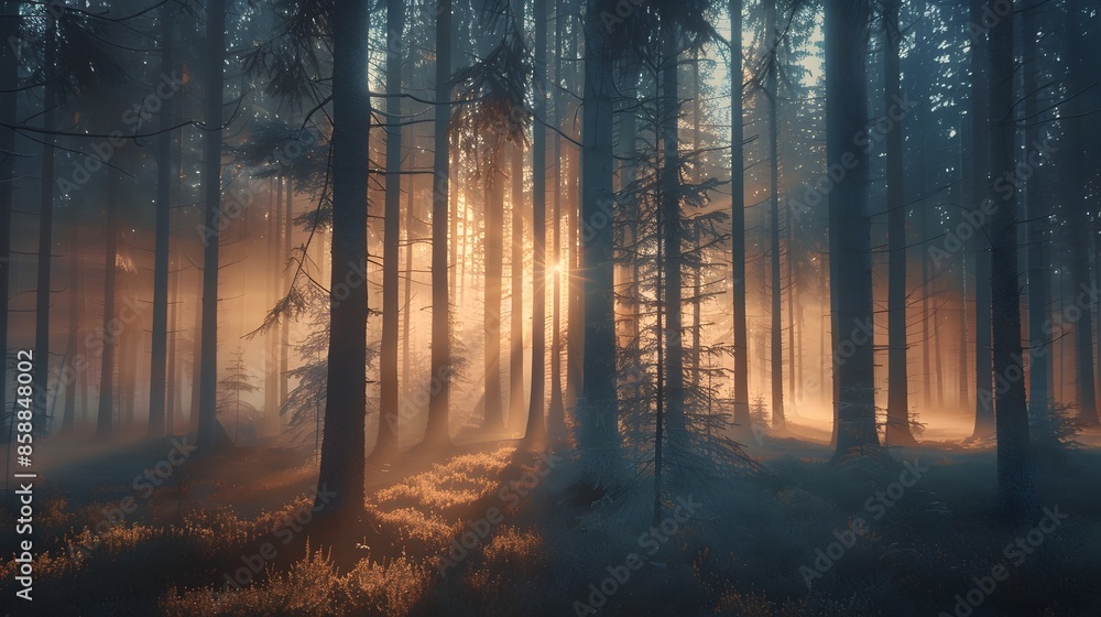 Ethereal Forest Landscape at Dawn with Sunlit Mist and Soft Focus Ethereal Forest Landscape at Dawn with Sunlit Mist and Soft Focus