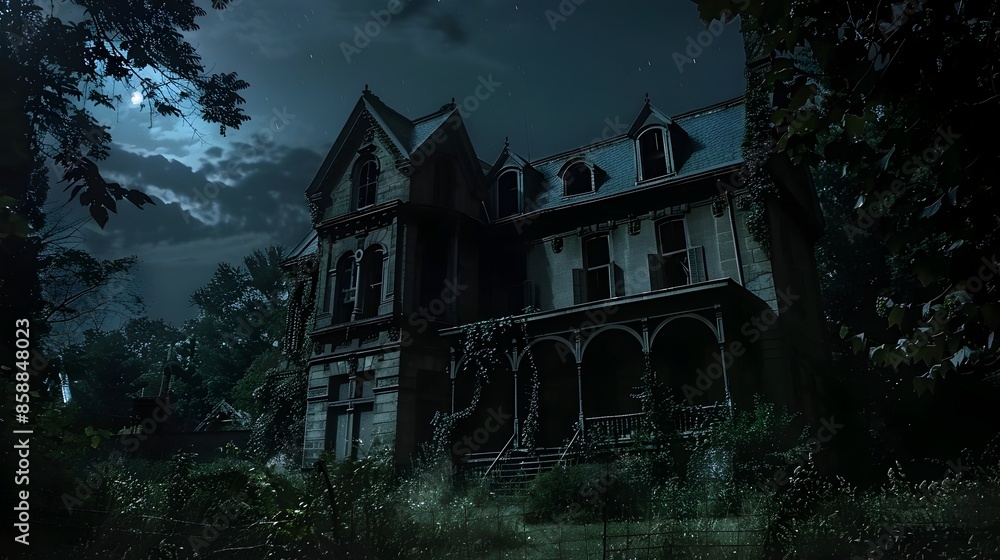 Enchanting Abandoned Victorian Manor Shrouded in Moonlit Shadows and Overgrown Foliage Enchanting Abandoned Victorian Manor Shrouded in Moonlit Shadows and Overgrown Foliage