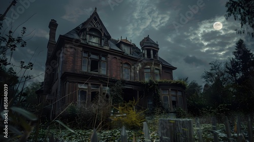 Eerie Moonlight Casts Shadows on Abandoned Victorian Mansion with Overgrown Garden © pkproject