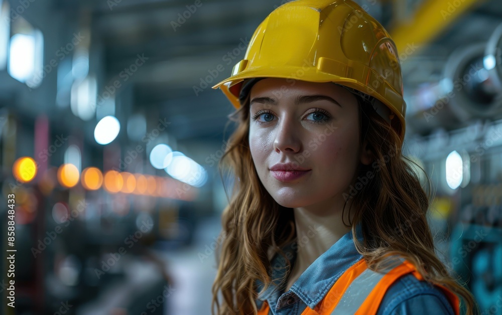 A female worker in a factory setting, wearing a yellow safety helmet, stands looking directly at the camera A female worker in a factory setting, wearing a yellow safety helmet, stands looking directly at the camera