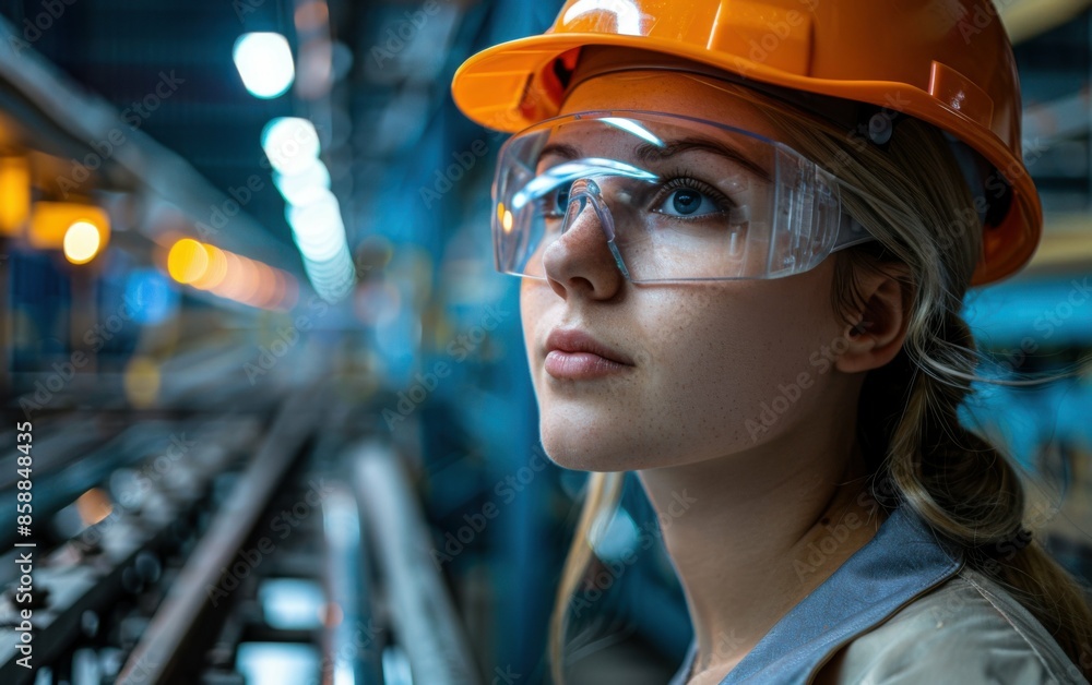 A female factory worker wearing a safety helmet and goggles looks upwards in a dimly lit industrial setting A female factory worker wearing a safety helmet and goggles looks upwards in a dimly lit industrial setting