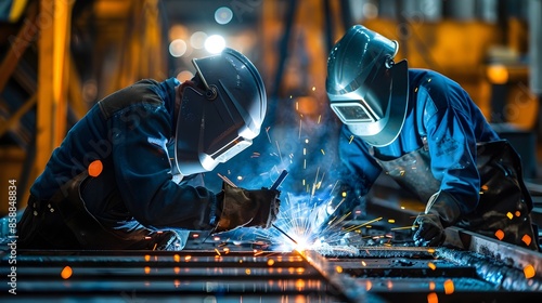 Two industrial workers welding metal in a workshop at night
