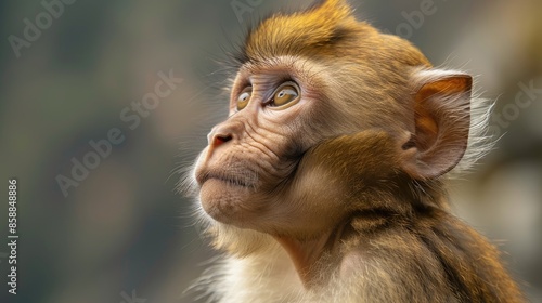 Close up image of the male Indian Himalayan Macaque monkey s head and face photo