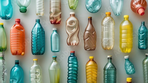 Colorful plastic bottles arranged in a pattern on a white background.