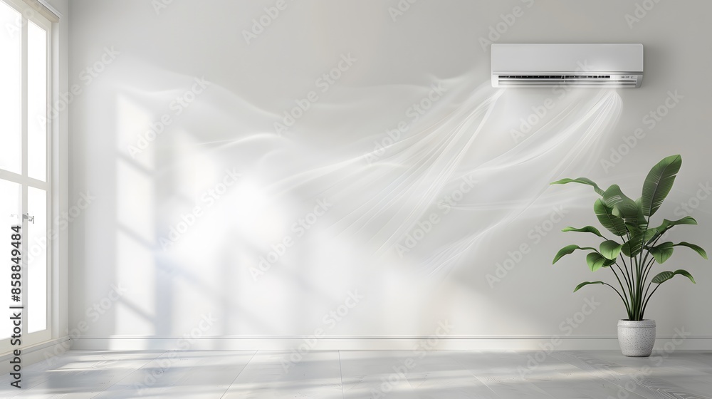 Creative composition of an air conditioner unit with visual effects of cool air dispersing, set against a minimalistic room backdrop, emphasizing the effectiveness of indoor climate control Creative composition of an air conditioner unit with visual effects of cool air dispersing, set against a minimalistic room backdrop, emphasizing the effectiveness of indoor climate control