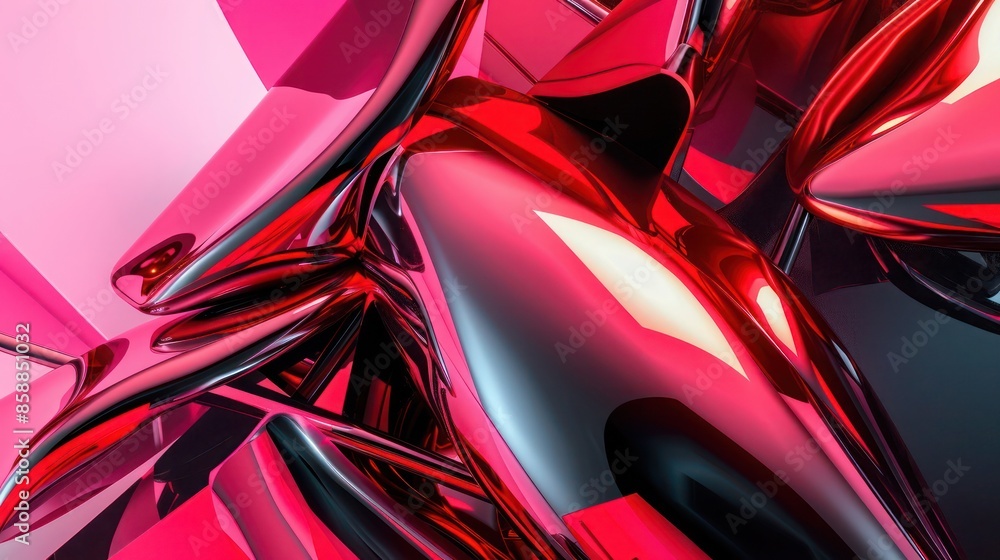 Metallic red futuristic 3D shapes on a black and pink abstract background Metallic red futuristic 3D shapes on a black and pink abstract background