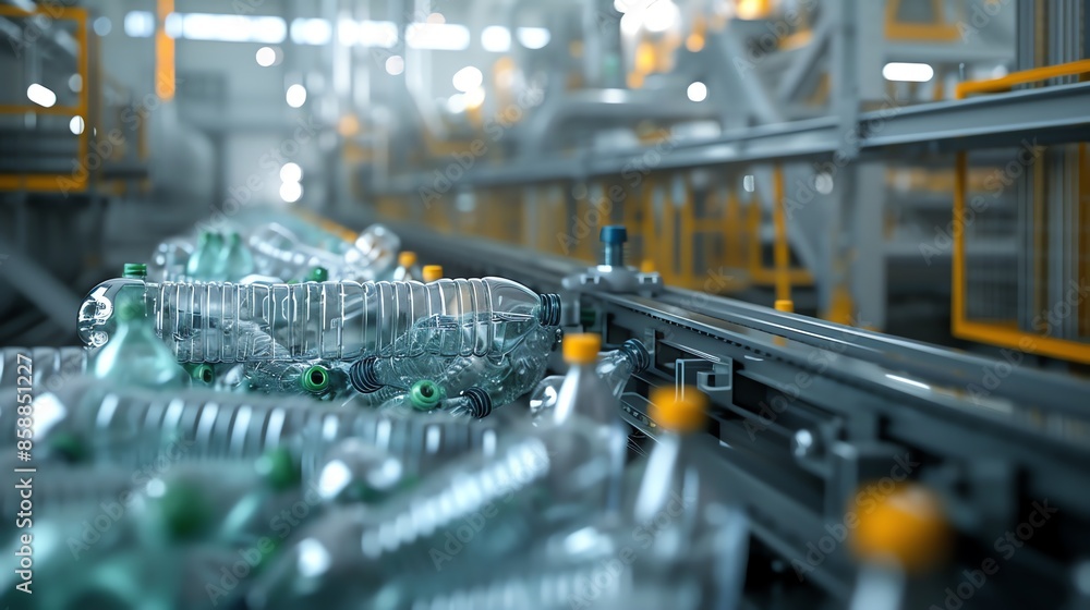 Conveyor belt carrying empty plastic bottles in a factory. Conveyor belt carrying empty plastic bottles in a factory.