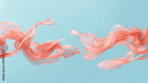 A fluid design with gentle waves of coral pink paint over a soothing pastel blue background, offering a creative and tranquil abstract scene with plenty of copy space.