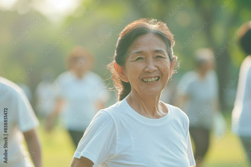 a woman smiles while standing in a park a woman smiles while standing in a park