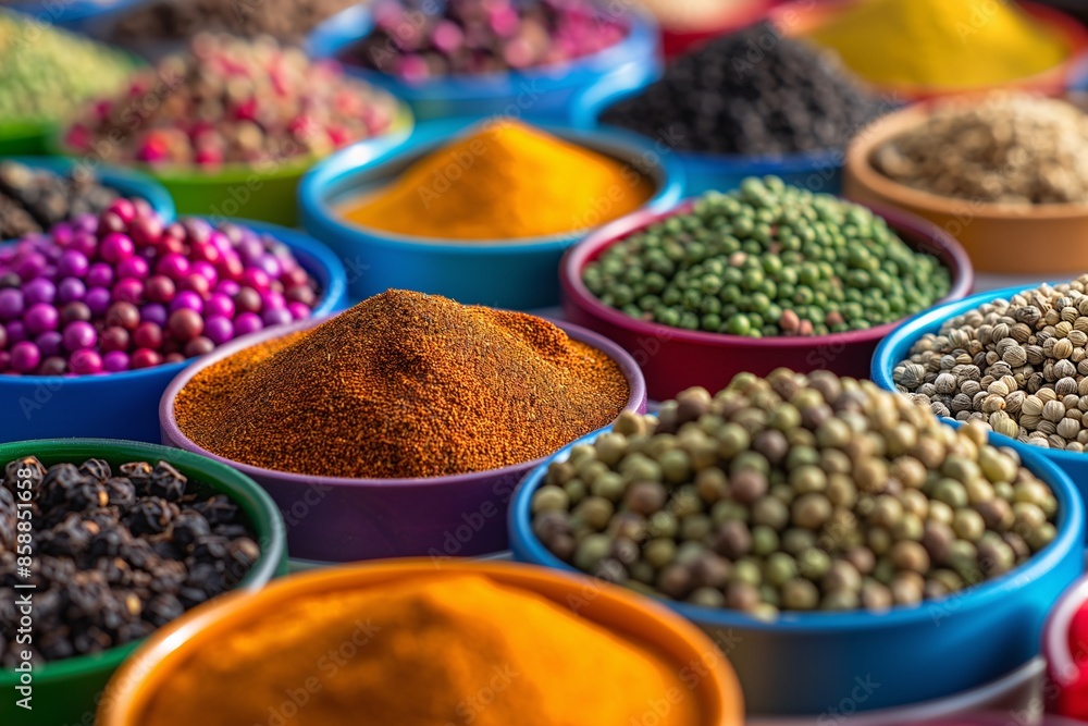 Close-up of colorful spices in containers. Close-up of colorful spices in containers.
