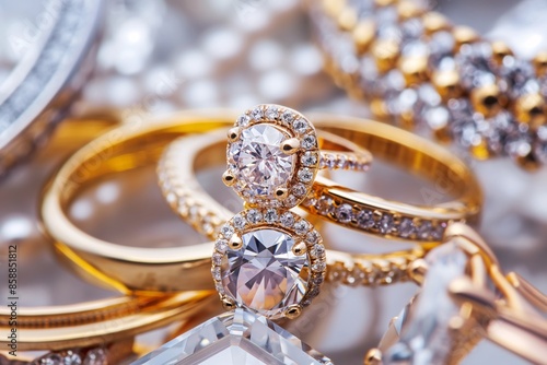 Close-up of elegant jewelry pieces like rings, necklaces, and bracelets