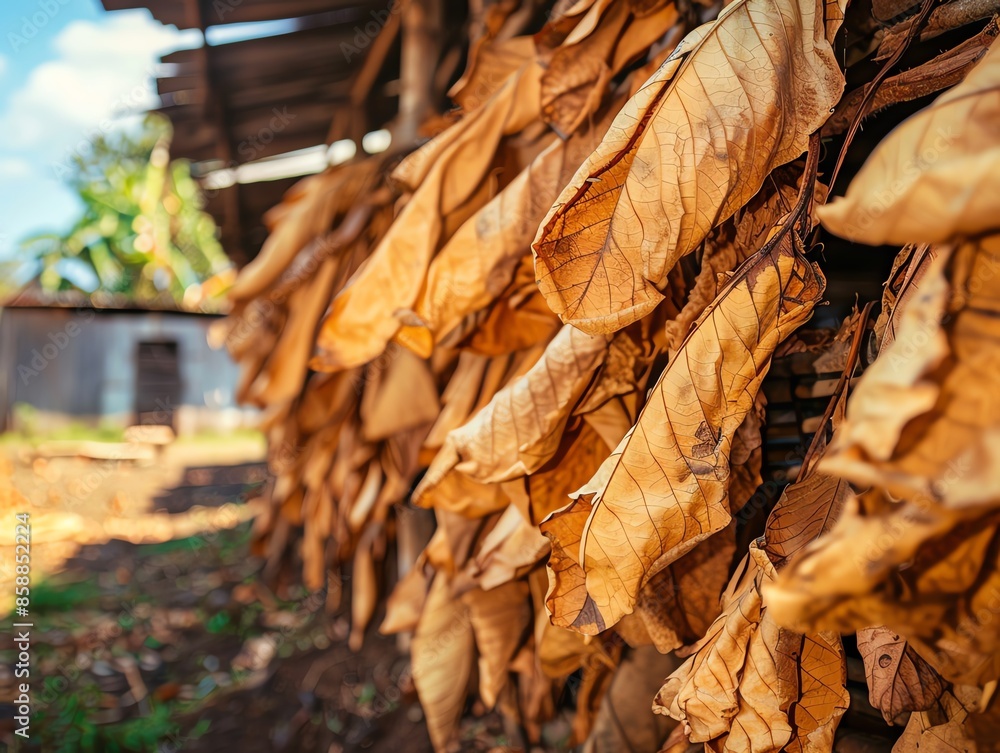 Close-up of dried tobacco leaves hanging outside on a sunny day, showcasing the traditional method of tobacco drying in a rural setting. Close-up of dried tobacco leaves hanging outside on a sunny day, showcasing the traditional method of tobacco drying in a rural setting.