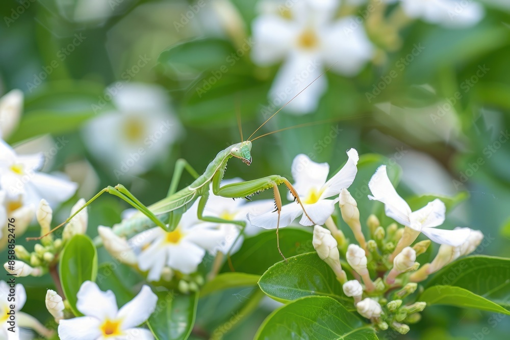 Fototapeta premium A slender praying mantis blending in with delicate white jasmine blossoms.