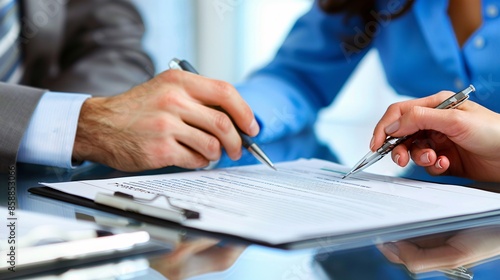 A business contract being signed by two people in a modern office setting, with a lawyer overseeing, legal books and documents scattered around, symbolizing business agreements protected by law and