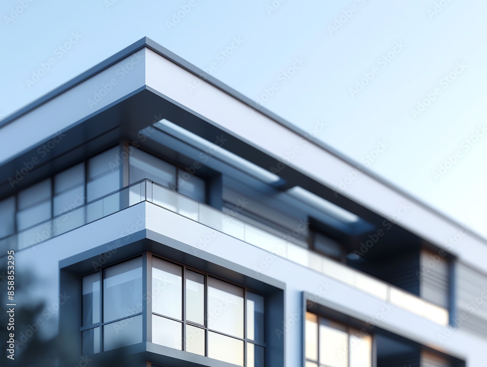 Modern architectural design of a sleek, contemporary building with large windows and minimalist lines against a clear sky. Modern architectural design of a sleek, contemporary building with large windows and minimalist lines against a clear sky.
