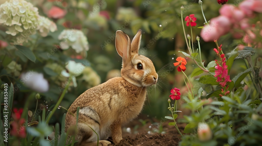 Little rabbit smelling a flower in the garden. Little rabbit smelling a flower in the garden.