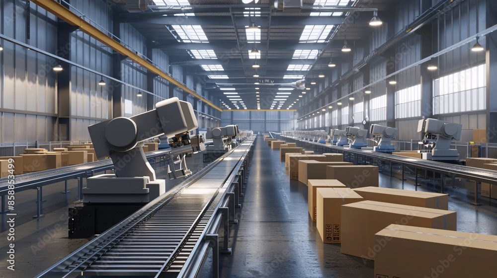 An automated packaging station in a high-tech warehouse where robotic arms are efficiently placing products into cardboard boxes and sealing them with precision with conveyor belts transporting the An automated packaging station in a high-tech warehouse where robotic arms are efficiently placing products into cardboard boxes and sealing them with precision with conveyor belts transporting the