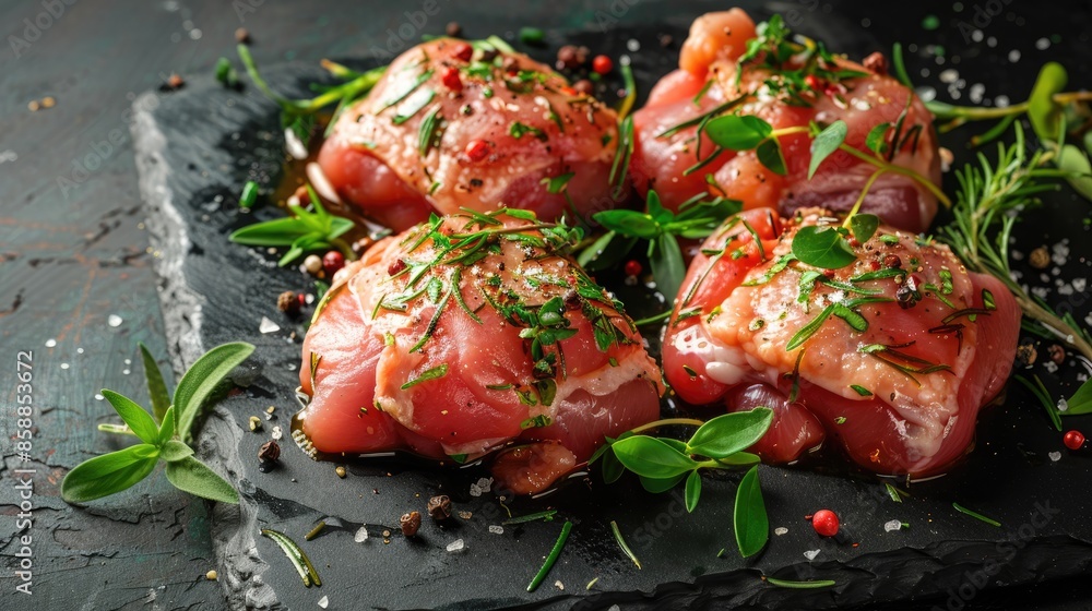 Marinated Raw chicken thighs with herbs on dark background Marinated Raw chicken thighs with herbs on dark background