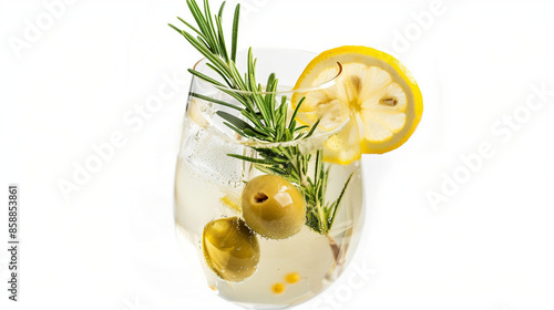 Refreshing Spritz Bianco Cocktail with Lemon Slice, Green Olive, and Rosemary Garnish Stock Photo photo