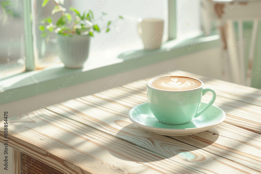 Minimal cup of hot coffee with cute latte art on cafe table on sunny day Minimal cup of hot coffee with cute latte art on cafe table on sunny day