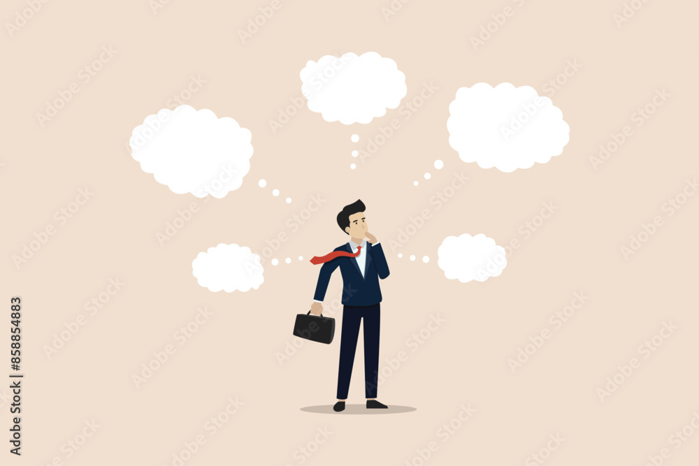 Too many thinking ideas, many problems to be solved, contemplation solutions for troble, stress or anxiety concept, businessman thinking with many thinking bubbles. Too many thinking ideas, many problems to be solved, contemplation solutions for troble, stress or anxiety concept, businessman thinking with many thinking bubbles.