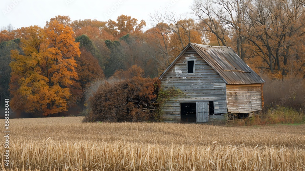 A weathered wooden barn with an open door stands in a field of dry corn stalks. A weathered wooden barn with an open door stands in a field of dry corn stalks.