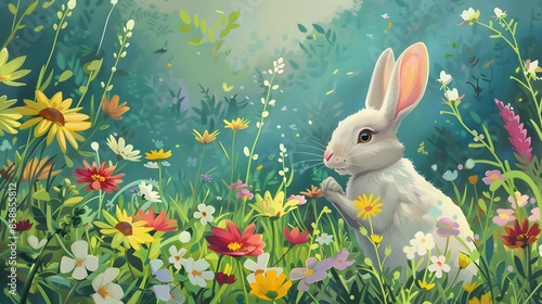 Little rabbit smelling a flower in the garden.  © Berkah