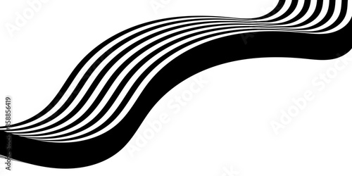 Black on white abstract perspective line wave with 3d dimensional effect isolated on white background