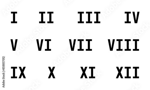Set of roman numerals isolated on white background. Numbers from one to twelve. Set of roman numbers for watches isolated on a white background