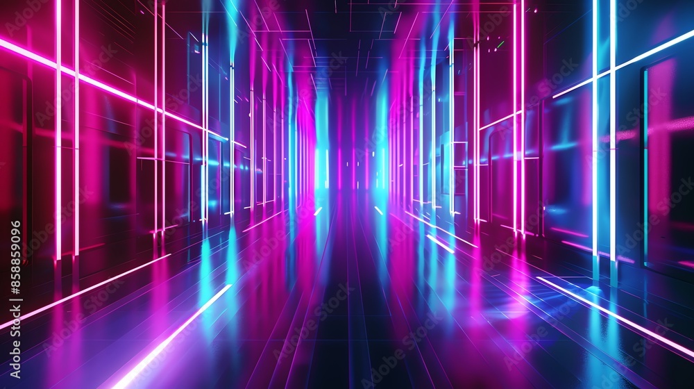 A futuristic, glowing tunnel of blue and pink neon lights. The lines create a sense of depth and energy. A futuristic, glowing tunnel of blue and pink neon lights. The lines create a sense of depth and energy.