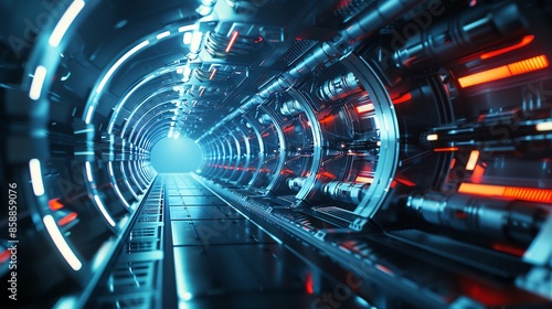 A futuristic, glowing tunnel with blue and red lights. The tunnel stretches into the distance, creating an abstract and otherworldly atmosphere.