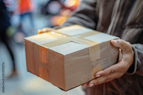 Close-up of hands holding a taped cardboard package ready for delivery.