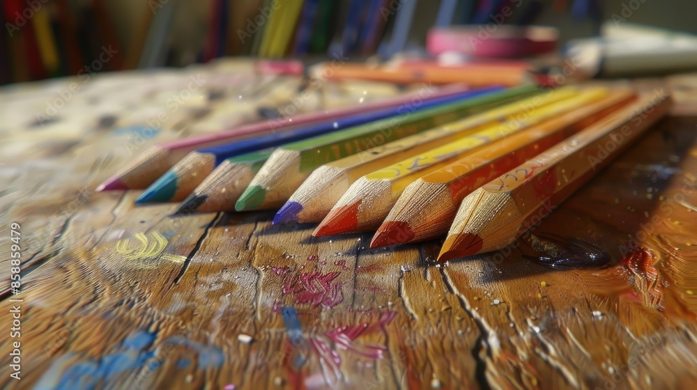 Colored pencils on oak surface Colored pencils on oak surface