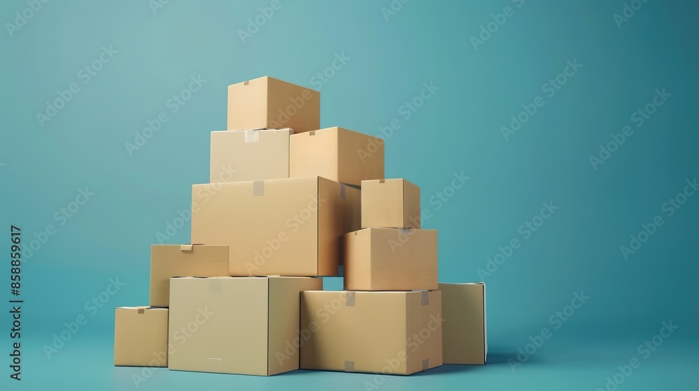 A stack of cardboard boxes against a blue background with ample copy space. A stack of cardboard boxes against a blue background with ample copy space.